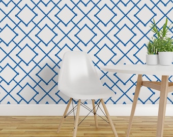 Blue Bamboo Wallpaper - Osaka Bamboo Trellis By Willowlanetextiles - Custom Printed Removable Self Adhesive Wallpaper Roll by Spoonflower