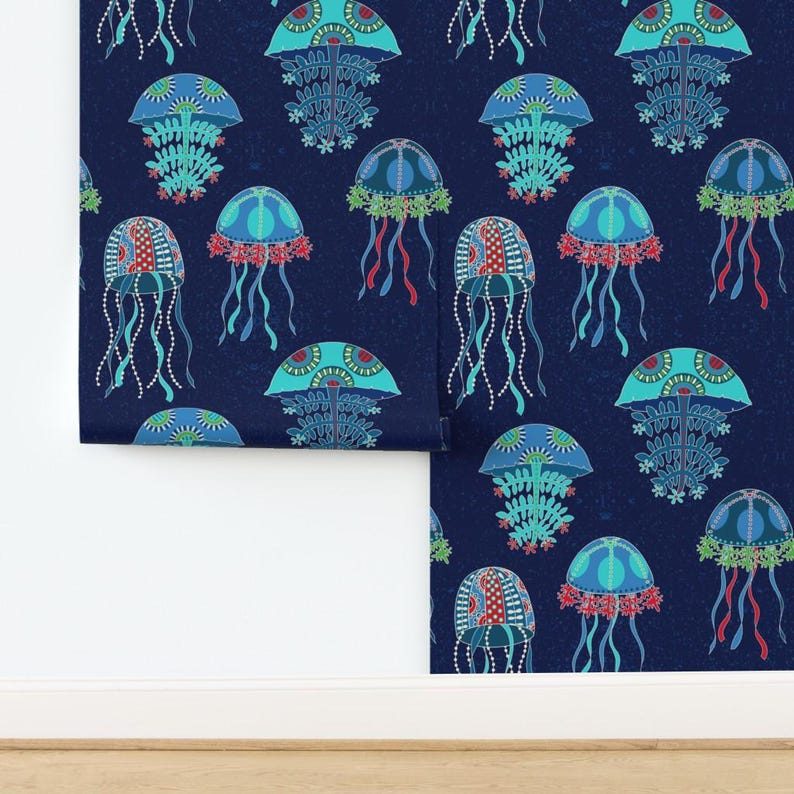 Jellyfish Wallpaper - Jellyfish Jubilee By Shellypenko - Blue Teal Red Custom Printed Removable Self Adhesive Wallpaper Roll by Spoonflower image 4