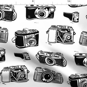 Retro Film Cameras Fabric - Photography Black And White By Dasbrooklyn - Vintage Classic Hobby Cotton Fabric By The Yard With Spoonflower