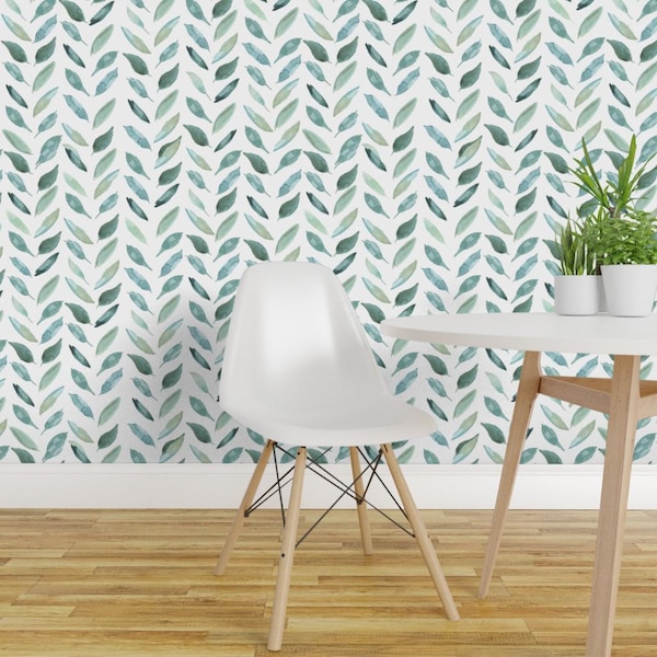 Herringbone Wallpaper - Leaf Herringbone By Taylor Bates Creative - White Green Leaves Removable Self Adhesive Wallpaper Roll by Spoonflower