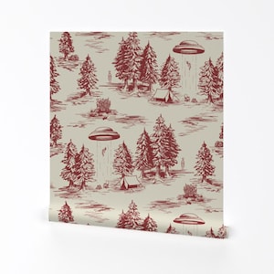 Alien Toile Wallpaper - Red Alien Abduction Toile De Jouy By Somecallmebeth - Rust Red Removable Self Adhesive Wallpaper Roll by Spoonflower