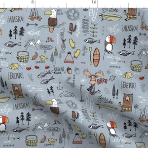 Boho Alaskan Adventures Fabric - Alaskan Adventure - Blue By Mulberry Tree - Camping Bear Fishing Cotton Fabric By The Yard With Spoonflower