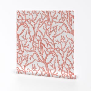 Coastal Removable Peel and Stick Wallpaper - Nautical Summer  - Wall Art Wall Decor - Coral Branches Pink And White by creativehorizons