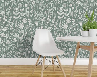 Sage Green Peel and Stick Wallpaper - Flowers Floral Whimsical Monotone - Removable Wall Decor Art - Wildflowers by writtenbykristen