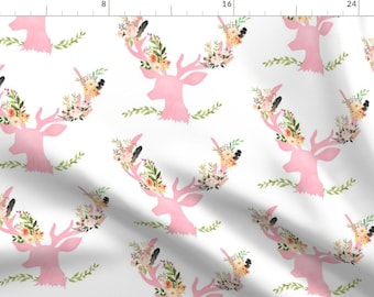 Woodland Fabric - Pink Floral Deer By Shopcabin - Watercolor Floral Buck head Woodland Cotton Fabric By The Yard With Spoonflower