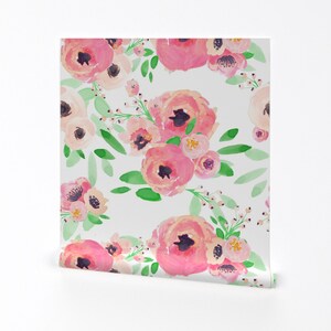 Watercolor Floral Wallpaper - Watermelon Florals by Indy Bloom Design - Custom Printed Removable Self Adhesive Wallpaper Roll by Spoonflower