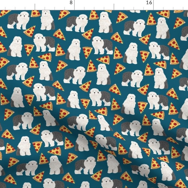 Pizza Sheepdog Fabric - Old English Sheepdogs Fabric Cute Pizza Dog  By Petfriendly - Shaggy Dog Cotton Fabric by the Yard with Spoonflower