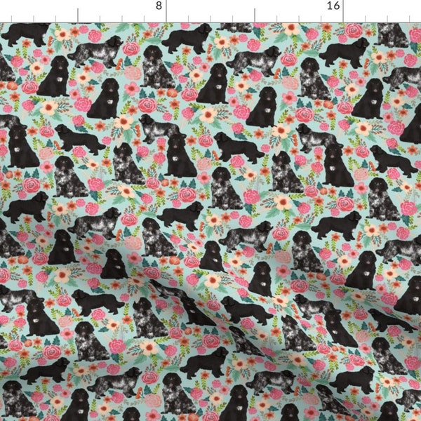 Newfie Dog Fabric - Newfoundland Dogs Landseer Dog Florals By Petfriendly - Newfie Dog Cotton Fabric by the Yard with Spoonflower