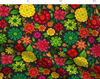 Groovy Florals Fabric - Groovy Garden 1977 By Irishvikingdesigns - Groovy Floras Black Red Green Cotton Fabric By The Yard With Spoonflower