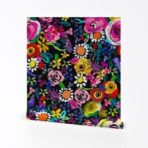 Bold Floral Wallpaper - Les Fleurs Black By Theartwerks - Floral Bold Custom Printed Removable Self Adhesive Wallpaper Roll by Spoonflower