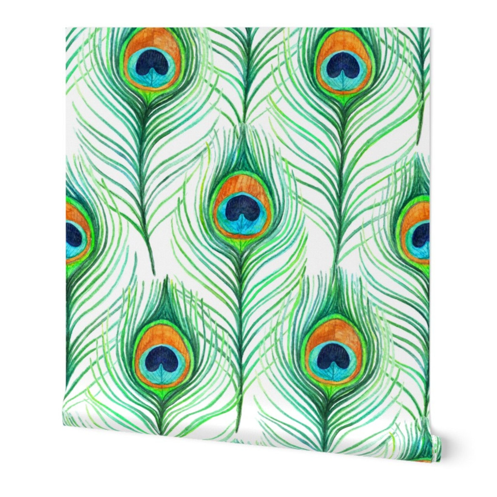 Peacock Wallpaper Emerald Watercolor Peacock Feathers on | Etsy