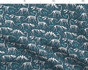 Dinosaur Fabric - Dinosaurs And Bones (Blue) By Heleen van den Thillart- Navy Dinosaur Cotton Fabric By The Yard With Spoonflower