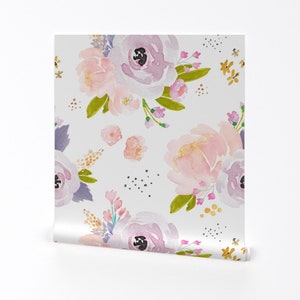 Papel pintado floral de acuarela - Peachy Plum C de Indybloomdesign - Rollo de papel pintado autoadhesivo extraíble con estampado floral personalizado de Spoonflower