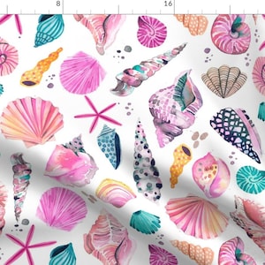 Seashells Fabric - Sea Shells By Ninola-Design - Pink Blue Ocean Tropical Marine Aquatic Aqua Cotton Fabric By The Yard With Spoonflower