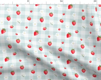 Strawberry Gingham Fabric - Strawberry Gingham by caitie_illustrates - Light Blue Small Scale Sweet Cute Fabric by the Yard by Spoonflower