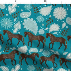 Cavalry Brown Horse Fabric - A Dance With Horses Aqua By Liluna - Paisley Retro Leaves Flowers Cotton Fabric By The Yard With Spoonflower