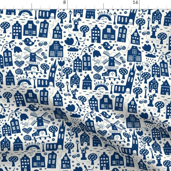 Cityscape Fabric - Delft City By Bora Holland Netherlands Europe Canal Indigo on White Landmark - Cotton Fabric By The Yard With Spoonflower