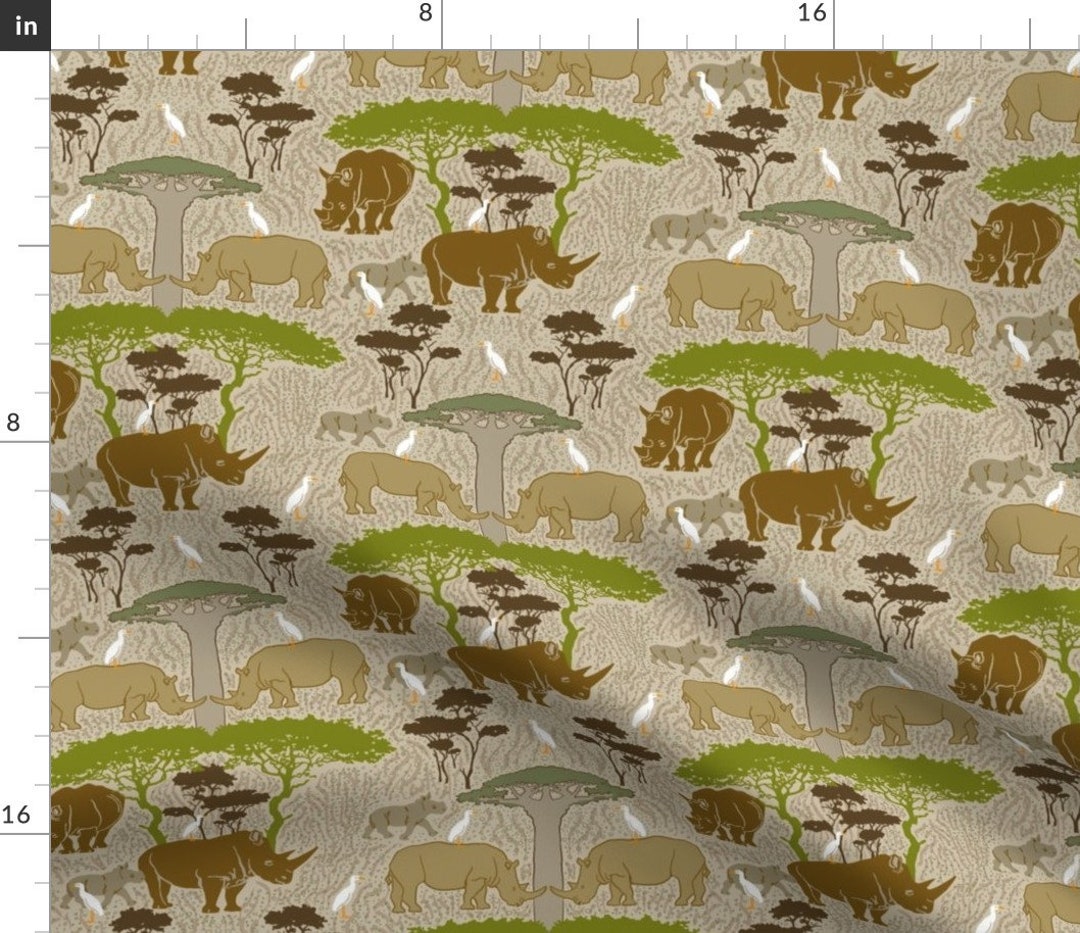 Neutral Rhinoceros Fabric Rhinoceroses and Egrets by Etsy
