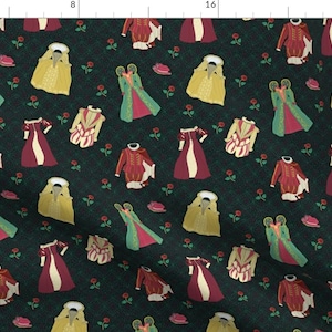 May include: A repeating pattern of various colorful costumes on a dark green background. The costumes include red, yellow, green, and white. There are also small red roses throughout the pattern.