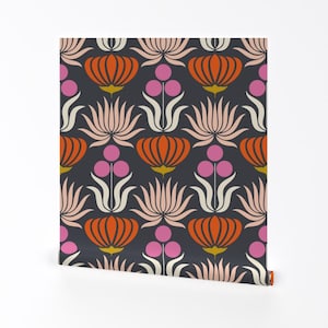 Jugendstil Tapete - Mod Nouveau Navy Pink Orange Von Katerhees - Individuell bedruckte und wiederablösbare selbstklebende Tapetenrolle by Spoonflower
