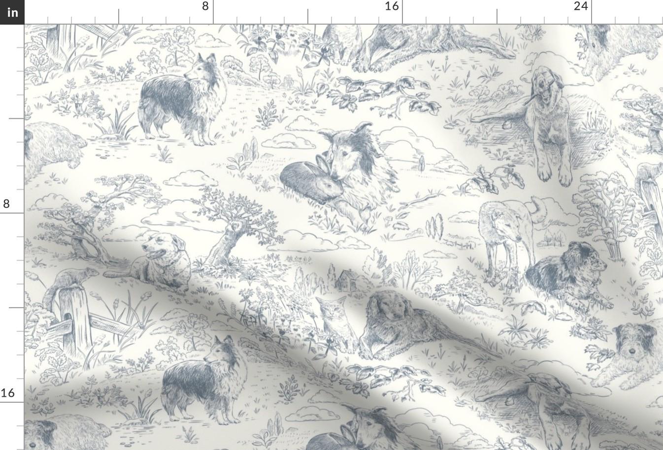 Toile De Jouy Fabric - Country Dogs Toile Gray by vinpauld - Landscape Dogs Gray Dog Toile Wildlife Collie Fabric by the Yard by Spoonflower