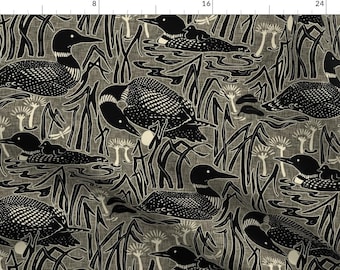Loon Birds Fabric - Loons Black by andrea_leonelli - Birding Black Cream Pond Lake Wildlife Nature Fabric by the Yard by Spoonflower