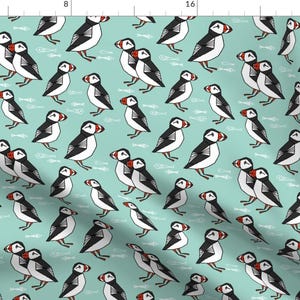 Puffin Fabric - Puffin Mint Nautical Scottish Birds Puffin Fabric By Andrea Lauren - Puffin Fish Cotton Fabric By The Yard With Spoonflower
