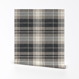 Autumn Plaid Removable Peel and Stick Wallpaper - Fall Neutrals Winter - Wall Art Wall Decor - Neutral Plaid Charcoal by littlearrowdecor