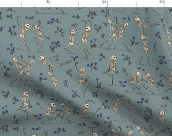 Dancing Skeletons Fabric - Skeleton Dance Blue by tanaudel - Gothic Bones Roses Halloween Spooky Dance Fabric by the Yard by Spoonflower