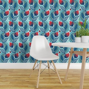 Reto Midcentury Modern Floral - Grote Tulp Blauw van Ottomanbrim - Afrikaans geïnspireerd, verwijderbaar zelfklevend behang op rol van Spoonflower