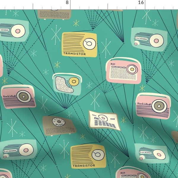 Radios Fabric - Mid-Century Transistor Radio And Atomic Stars By Marketa Stengl - 50's Collectible Vintage Cotton Fabric With Spoonflower
