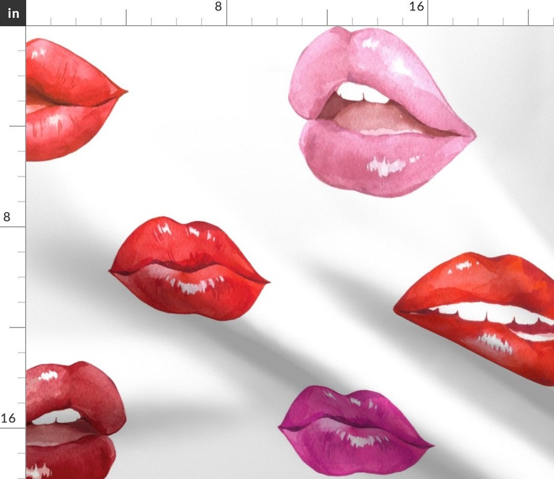 Red and Pink Lips Fabric Kiss Kiss by Shelley_ismay_design Hot Pink