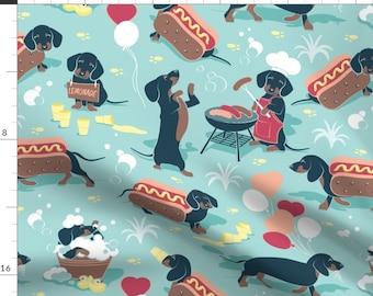 Dog Fabric - Hot Dogs And Lemonade Aqua Background Cute Dachshund Dogs By Selmacardoso - Barbecue Cotton Fabric By The Yard With Spoonflower