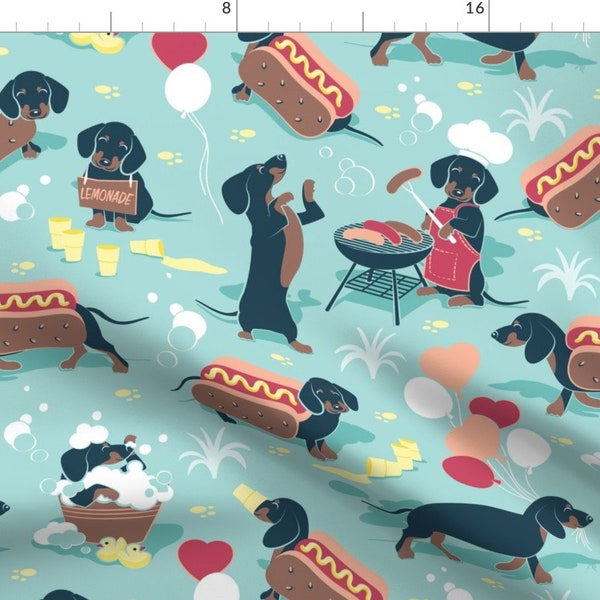 Dog Fabric - Hot Dogs And Lemonade Aqua Background Cute Dachshund Dogs By Selmacardoso - Barbecue Cotton Fabric By The Yard With Spoonflower