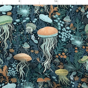 Blue Jellyfish Fabric - Ocean Life by misodart - Under The Sea Ocean Life Seaweed Coastal Fabric by the Yard by Spoonflower