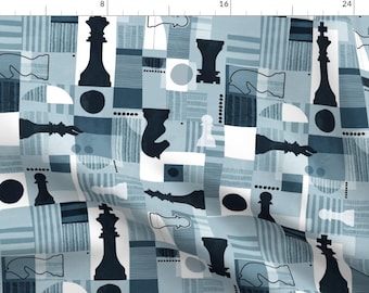 Game Night Fabric - Abstract Chess Set By Adenaj - Blue Black White King Queen Knights Chess Cotton Fabric By The Yard With Spoonflower