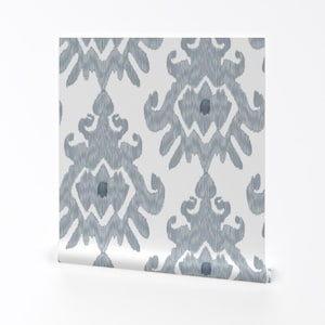 Gray Ikat Wallpaper - Large Ikat Slate Blue Gray By Misschiffdesigns - Custom Printed Removable Self Adhesive Wallpaper Roll by Spoonflower