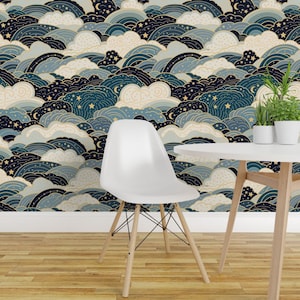 Night Sky Peel and Stick Wallpaper - Blue Yellow Sleepy Clouds Stars Moon - Removable Wall Decor Art - Clouds And Stars by misodart