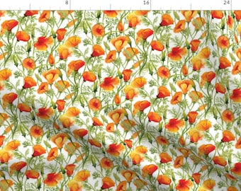 May include: A white background with a repeating pattern of orange and yellow California poppies with green stems and leaves.