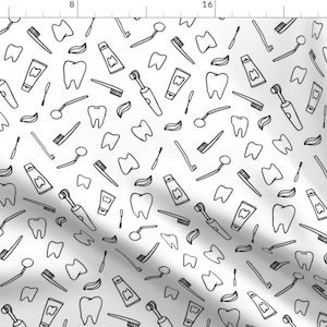 Stomatology Fabric - Dentistry And Stomatology Kostolom3000 - White Black Kid Toothbrush Flossing Cotton Fabric By The Yard With Spoonflower