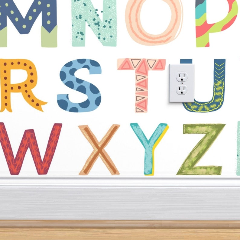 Nursery Wallpaper Alphabet Block by Enariyoshi Green Pink | Etsy