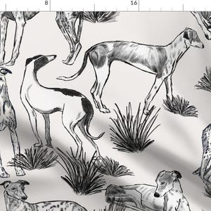 Black Fabric - Greyhounds by michellemathis -  Dog White Animal Puppy Love Hand Drawn Greyhound Toile  Fabric by the Yard by Spoonflower