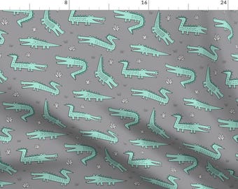 Crocodile Fabric - Alligators Crocodile Mint Green On Grey By Caja Design - Crocodile Cotton Fabric By The Yard With Spoonflower