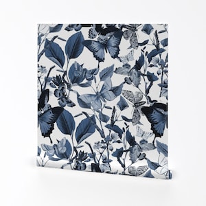 Butterflies Wallpaper - Butterfly Blue White By Peacoquettedesigns - Custom Printed Removable Self Adhesive Wallpaper Roll by Spoonflower