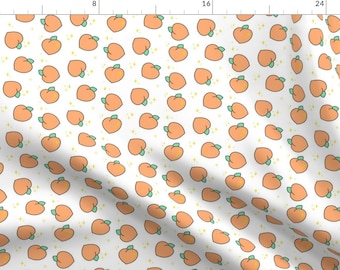 May include: A white background with a repeating pattern of peach fruit with green leaves. The peaches are outlined in black and have a light orange color. There are small yellow stars scattered throughout the pattern.