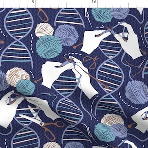 May include: A seamless pattern featuring a repeating design of DNA strands, yarn balls, knitting needles, and scissors on a dark blue background. The yarn balls are in shades of blue, white, and brown.