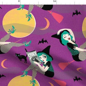 Vintage Purple Witches Fabric - Purple Green Moon Black Cat By Mountvicandme - Witches Purple Cotton Fabric by The Yard With Spoonflower