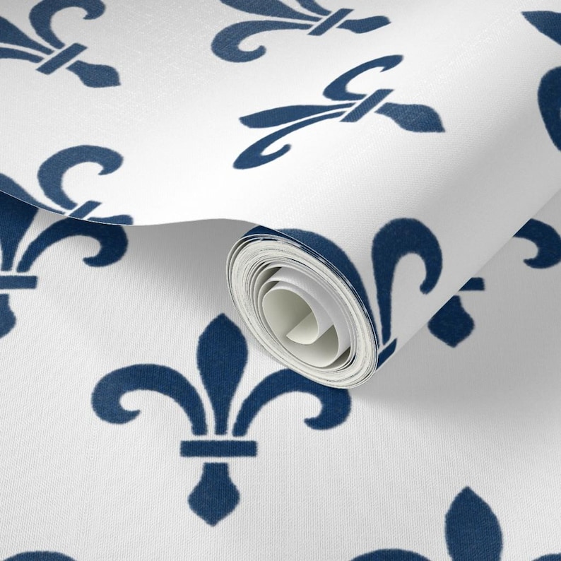 Gothic Wallpaper - Fleur De Lys Blue And White By Peacoquettedesigns - Custom Printed Removable Self Adhesive Wallpaper Roll by Spoonflower image 3