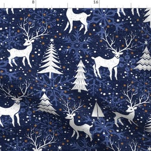 Woodland Christmas Fabric - Blue Woodland Christmas Deer By Marketa Stengl -Magical Winter Forest Cotton Fabric By The Yard With Spoonflower