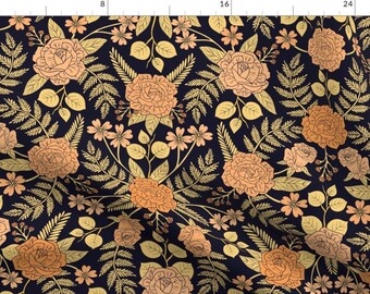 Peach Floral Fabric - Peach Orange Yellow Dark Blue Flowers By Somecallmebeth - Modern Floral Cotton Fabric By The Yard With Spoonflower
